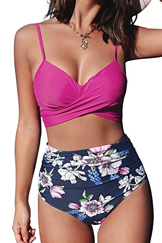 CUPSHE Damen Bikini Set Push Up Crossover Bikini Bademode Blumenmuster Hoher Bund Zweiteiliger Badeanzug Swimsuit Rosa S von CUPSHE