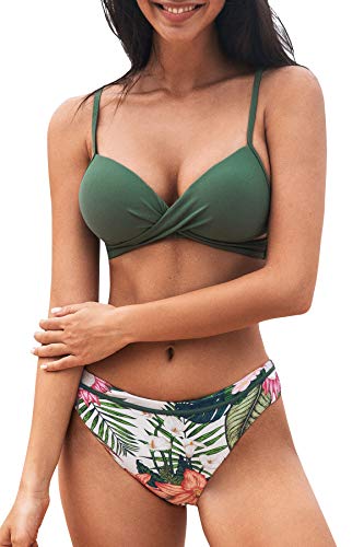 CUPSHE Damen Bikini Set Push Up Crossover Bikini Bademode Blumenmuster Zweiteiliger Badeanzug Swimsuit Salbeigrün XS von CUPSHE