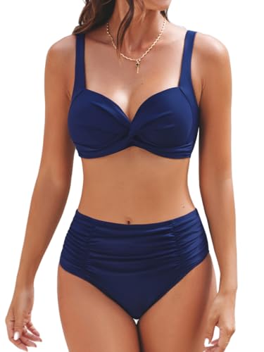 CUPSHE Damen Bikini Set Push Up Crossover High Waist Bauchweg Raffung Bikini Herzausschnitt Vorgeformte Cups Bademode Zweiteiliger Badeanzug Swimsuit Marineblau M von CUPSHE