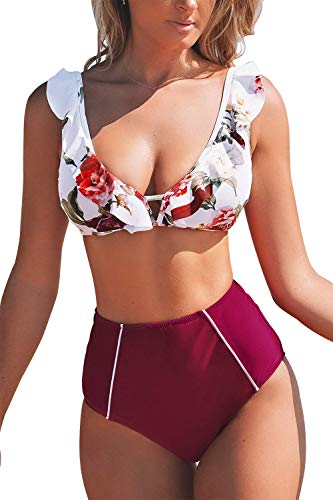 CUPSHE Damen Bikini Set Rüschen Bikinioberteil Top mit High Waist Bikinihose Strandmode Blumen Zweiteiliger Badeanzug Rot L von CUPSHE