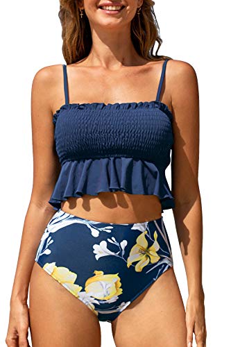 CUPSHE Damen Bikini Set Rüschen Gesmokter Bikini Bandeau Geraffte Bademode High Waist Zweiteiliger Badeanzug Marineblau XS von CUPSHE