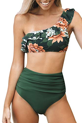 CUPSHE Damen Bikini Set One Shoulder Rüschen High Waist Bauchweg Asymmetrische Bademode Zweiteiliger Badeanzug Swimsuit Grün S von CUPSHE