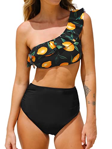 CUPSHE Damen Bikini Set Rüschen One Shoulder High Waist Bauchweg Obstmuster Bademode Zweiteiliger Badeanzug Swimsuit Schwarz/Zitrone L von CUPSHE