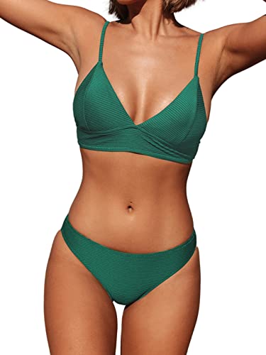 CUPSHE Damen Bikini Set Triangel Bikini Bademode Low Rise Brazilian Gerippter Zweiteiliger Badeanzug Swimsuit Grasgrün L von CUPSHE