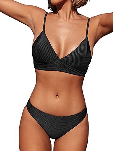 CUPSHE Damen Bikini Set Triangel Bikini Bademode Low Rise Brazilian Gerippter Zweiteiliger Badeanzug Swimsuit Schwarz L von CUPSHE