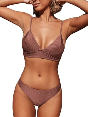 CUPSHE Damen Bikini Set Triangel Bikini Bademode Low Rise Brazilian Gerippter Zweiteiliger Badeanzug Swimsuit Ziegelrot XXL von CUPSHE