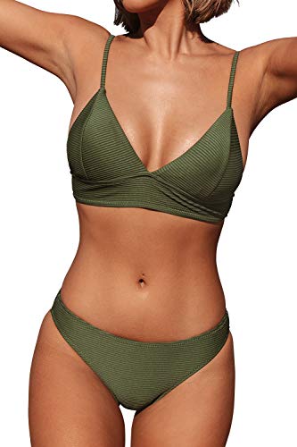 CUPSHE Damen Bikini Set Triangel Breites Unterbrustband Gerippte Bademode Zweiteiliger Badeanzug Armee Grün XS von CUPSHE