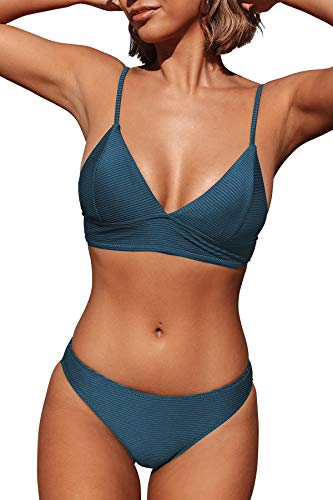 CUPSHE Damen Bikini Set Triangel Breites Unterbrustband Gerippte Bademode Zweiteiliger Badeanzug Blau L von CUPSHE