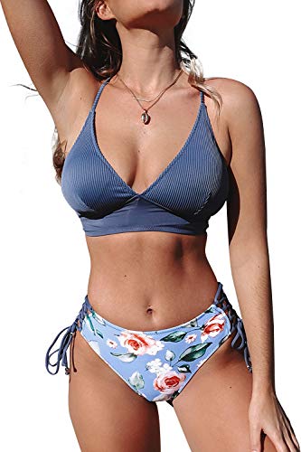 CUPSHE Damen Bikini Set Triangel Geripptes Bikinitop Bademode Kreuzschnürung Zweiteiliger Badeanzug Blau XS von CUPSHE