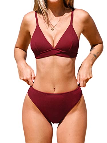 CUPSHE Damen Bikini Set Triangel V Ausschnitt High Waist Gerippte Textur Bademode Zweiteiliger Badeanzug Swimsuit XS von CUPSHE