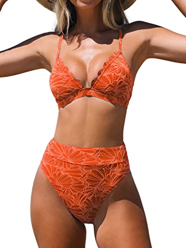 CUPSHE Damen Bikini Set Triangel Wellenkanten High Waist Bademode Jacquard Blumenmuster Zweiteiliger Badeanzug Swimsuit Korallenorange S von CUPSHE