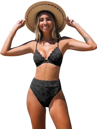 CUPSHE Damen Bikini Set Triangel Wellenkanten High Waist Bademode Jacquard Blumenmuster Zweiteiliger Badeanzug Swimsuit Schwarz XL von CUPSHE