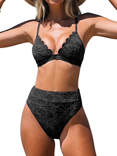 CUPSHE Damen Bikini Set Triangel Wellenkanten High Waist Bademode Jacquard Blumenmuster Zweiteiliger Badeanzug Swimsuit Schwarz XS von CUPSHE