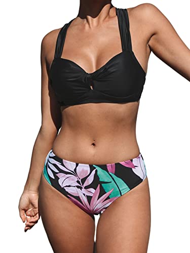 CUPSHE Damen Bikini Set Twist Lace Up Bikini Bademode Mid Waist Blättermuster Zweiteiliger Badeanzug Swimsuit Schwarz/lila Blatt L von CUPSHE