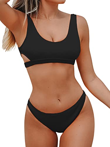 CUPSHE Damen Bikini Set U Ausschnitt Cut Out Low Waist Rippstruktur Sporty Bademode Zweiteiliger Badeanzug Swimsuit Reines Schwarz XL von CUPSHE