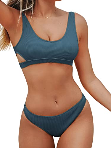 CUPSHE Damen Bikini Set U Ausschnitt Cut Out Low Waist Sporty Bademode Zweiteiliger Badeanzug Swimsuit Steinblau XL von CUPSHE