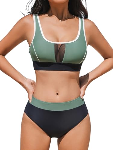 CUPSHE Damen Bikini Set U Ausschnitt High Waist Farbblock Netzstoff Kontrastpaspeln Zweiteiliger Badeanzug Bademode Salbeigrün/Marineblau XS von CUPSHE