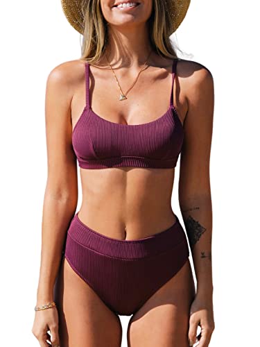 CUPSHE Damen Bikini Set U Ausschnitt High Waist Gerippte Textur Sport Bademode Zweiteiliger Badeanzug Swimsuit Marmelade Lila M von CUPSHE