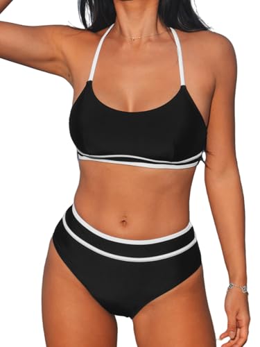 CUPSHE Damen Bikini Set U Ausschnitt High Waist Sport Bikini Kontrastpaspel Verstellbare Träger Bademode Zweiteiliger Badeanzug Swimsuit Schwarz/Weiß XL von CUPSHE