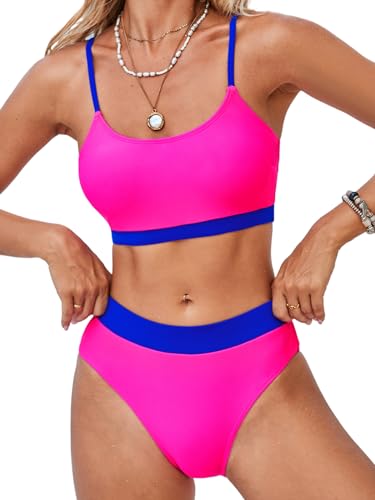 CUPSHE Damen Bikini Set U Ausschnitt High Waist Sport Tank Bikini Bademode Farbblock Kontrastfarbe Zweiteiliger Badeanzug Swimsuit Blau/Magenta M von CUPSHE