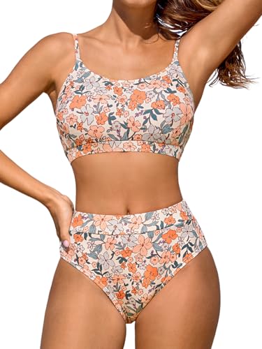 CUPSHE Damen Bikini Set U Ausschnitt High Waist Sport Tank Bikini Blumenmuster Texturierte Bademode Zweiteiliger Badeanzug Swimsuit Hellbraun/Blumen M von CUPSHE