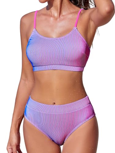 CUPSHE Damen Bikini Set U Ausschnitt High Waist Sport Tank Bikini Farbverlauf Texturierte Bademode Zweiteiliger Badeanzug Swimsuit Lila/Magenta S von CUPSHE