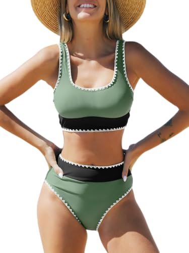 CUPSHE Damen Bikini Set U Ausschnitt High Waist Tank Bikini Breite Träger Häkelpaspel Cheeky Bademode Zweiteiliger Badeanzug Swimsuit Grün/Schwarz XS von CUPSHE