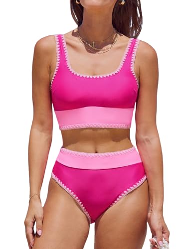 CUPSHE Damen Bikini Set U Ausschnitt High Waist Tank Bikini Breite Träger Häkelpaspel Cheeky Bademode Zweiteiliger Badeanzug Swimsuit Magenta/Pink XL CUPSHE Damen Bikini Set U Ausschnitt High Waist Tank Bikini Breite Träger Häkelpaspel Cheeky Bademode Zweiteiliger Badeanzug Swimsuit Magenta/Pink XL von CUPSHE