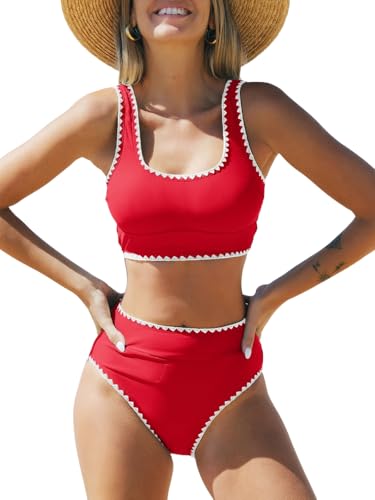 CUPSHE Damen Bikini Set U Ausschnitt High Waist Tank Bikini Breite Träger Häkelpaspel Cheeky Bademode Zweiteiliger Badeanzug Swimsuit Rot/Weiß M von CUPSHE