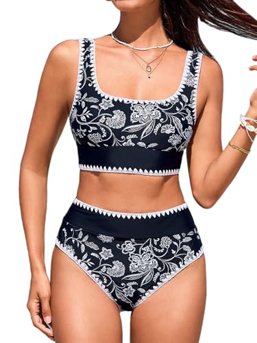 CUPSHE Damen Bikini Set U Ausschnitt High Waist Tank Bikini Breite Träger Häkelpaspel Cheeky Bademode Zweiteiliger Badeanzug Swimsuit Schwarz/Weiß L von CUPSHE