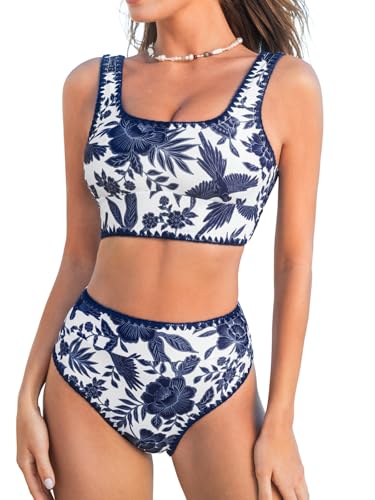 CUPSHE Damen Bikini Set U Ausschnitt High Waist Tank Bikini Breite Träger Häkelpaspel Cheeky Bademode Zweiteiliger Badeanzug Swimsuit Weiß/Marineblau Floral XL CUPSHE Damen Bikini Set U Ausschnitt High Waist Tank Bikini Breite Träger Häkelpaspel Cheeky Bademode Zweiteiliger Badeanzug Swimsuit Weiß/Marineblau Floral XL von CUPSHE