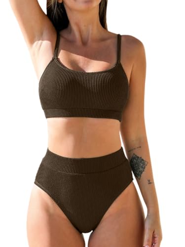 CUPSHE Damen Bikini Set U Ausschnitt High Waist Tank Sport Bikini Strukturierte Bademode Zweiteiliger Badeanzug Swimsuit Braun M von CUPSHE