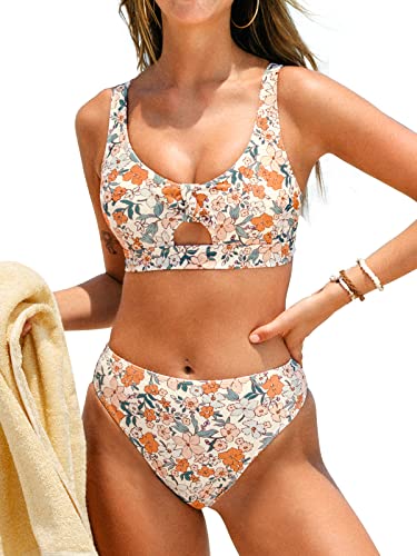 CUPSHE Damen Bikini Set U Ausschnitt Knoten Lace Up Bikini Bademode High Waist Blümchenmuster Zweiteiliger Badeanzug Swimsuit Gelb Blumen M von CUPSHE