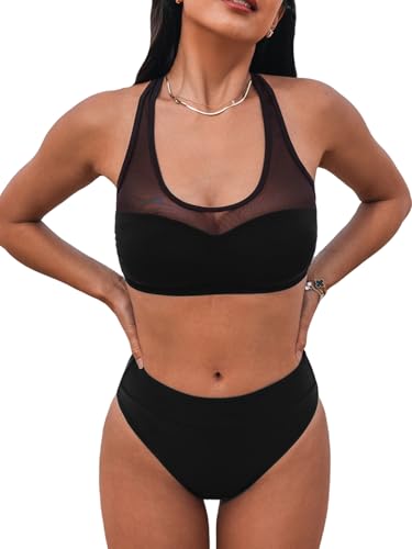 CUPSHE Damen Bikini Set U Ausschnitt Netzstoff Bikini High Waist Racerback Bademode Zweiteiliger Badeanzug Swimsuit Schwarz M CUPSHE Damen Bikini Set U Ausschnitt Netzstoff Bikini High Waist Racerback Bademode Zweiteiliger Badeanzug Swimsuit Schwarz M von CUPSHE