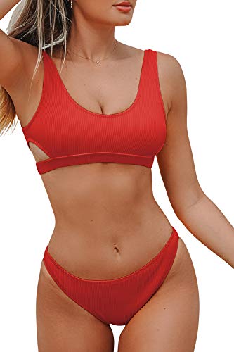 CUPSHE Damen Bikini Set U Ausschnitt Rückenfrei Bandeau Bikini Gerippte Bademode Cut-Out Zweiteiliger Badeanzug Rot L von CUPSHE
