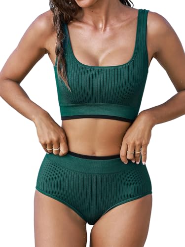 CUPSHE Damen Bikini Set U Ausschnitt Seamless Sport Tank High Waist Bikini Kontrastpaspel Texturierte Bademode Zweiteiliger Badeanzug Swimsuit Dunkelgrün M CUPSHE Damen Bikini Set U Ausschnitt Seamless Sport Tank High Waist Bikini Kontrastpaspel Texturierte Bademode Zweiteiliger Badeanzug Swimsuit Dunkelgrün M von CUPSHE