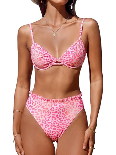 CUPSHE Damen Bikini Set V Ausschnitt Bügel Push Up High Waist Bikini Rüschen High Cut Bademode Zweiteiliger Badeanzug Swimsuit Pink/Leopard XS von CUPSHE