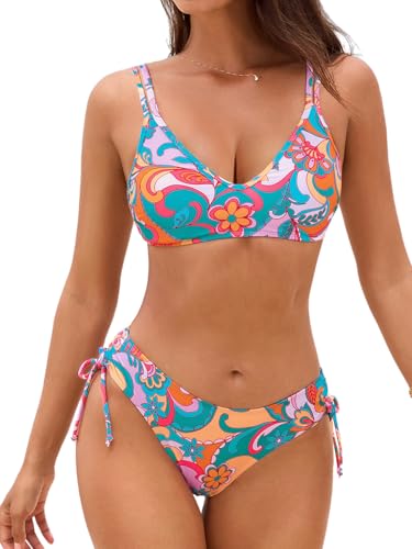CUPSHE Damen Bikini Set V Ausschnitt Crossback Lace Up Bikini Low Waist Seitliche Bindung Bademode Zweiteiliger Badeanzug Swimsuit Mehrfarbig/Paisleymuster XL von CUPSHE