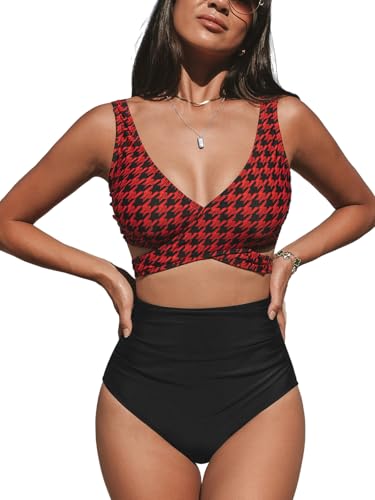 CUPSHE Damen Bikini Set V Ausschnitt Crossover High Waist Bauchweg Bikini Bademode Zweiteiliger Badeanzug Swimsuit Schwarz/Rot S von CUPSHE