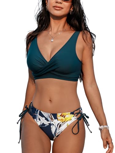 CUPSHE Damen Bikini Set V Ausschnitt Crossover Lace Up Tank Bikini Low Waist Tropical Print Bademode Zweiteiliger Badeanzug Swimsuit Türkisblau/Gelb M von CUPSHE