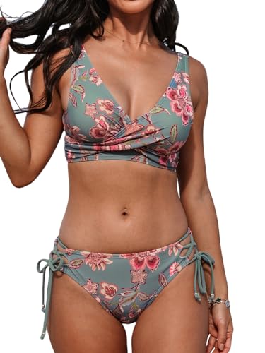 CUPSHE Damen Bikini Set V Ausschnitt Crossover Wickeloptik Lace Up Tank Bikini Low Waist Seitliche Bindung Bademode Zweiteiliger Badeanzug Swimsuit Grau, Grün, Rot XS von CUPSHE