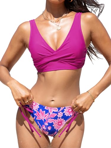 CUPSHE Damen Bikini Set V Ausschnitt Crossover Wickeloptik Lace Up Tank Bikini Low Waist Seitliche Bindung Bademode Zweiteiliger Badeanzug Swimsuit Magenta/Blaue Blumenmuster XS von CUPSHE