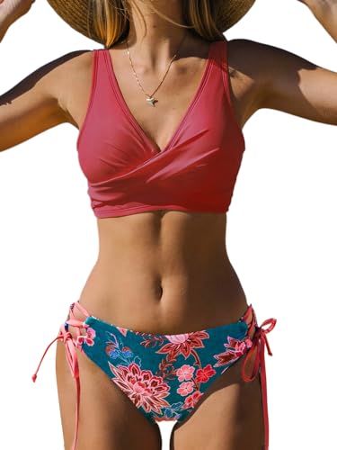 CUPSHE Damen Bikini Set V Ausschnitt Crossover Wickeloptik Lace Up Tank Bikini Low Waist Seitliche Bindung Bademode Zweiteiliger Badeanzug Swimsuit Ziegelrot/Blau XS von CUPSHE