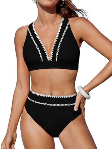 CUPSHE Damen Bikini Set V Ausschnitt Häkelkante Bralette Bikini High Waist Kontrastpaspeln Bademode Zweiteiliger Badeanzug Swimsuit Black M CUPSHE Damen Bikini Set V Ausschnitt Häkelkante Bralette Bikini High Waist Kontrastpaspeln Bademode Zweiteiliger Badeanzug Swimsuit Black M von CUPSHE
