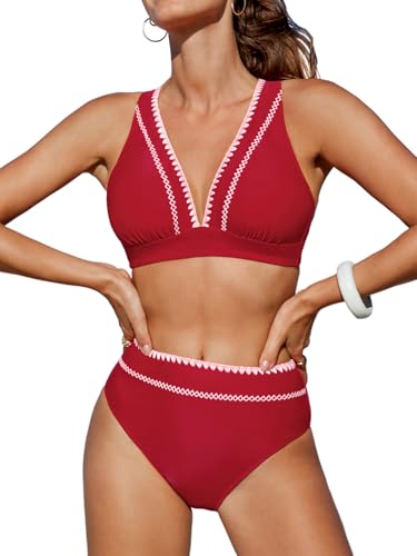 CUPSHE Damen Bikini Set V Ausschnitt Häkelkante Bralette Bikini High Waist Kontrastpaspeln Bademode Zweiteiliger Badeanzug Swimsuit Leuchtend Rot M von CUPSHE