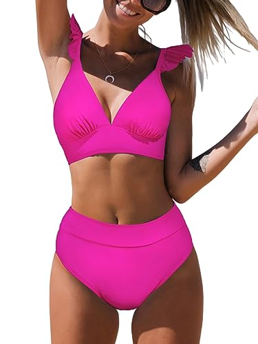 CUPSHE Damen Bikini Set V Ausschnitt High Waist Bademode Rüschenträger Paisley Print Zweiteiliger Badeanzug Swimsuit Neonpink XS von CUPSHE