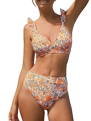 CUPSHE Damen Bikini Set V Ausschnitt High Waist Bademode mit Rüschen Trägern Blümchenmuster Zweiteiliger Badeanzug Swimsuit Orange Floral L von CUPSHE