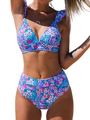 CUPSHE Damen Bikini Set V Ausschnitt High Waist Bademode mit Rüschen Trägern Blümchenmuster Zweiteiliger Badeanzug Swimsuit Violett M von CUPSHE