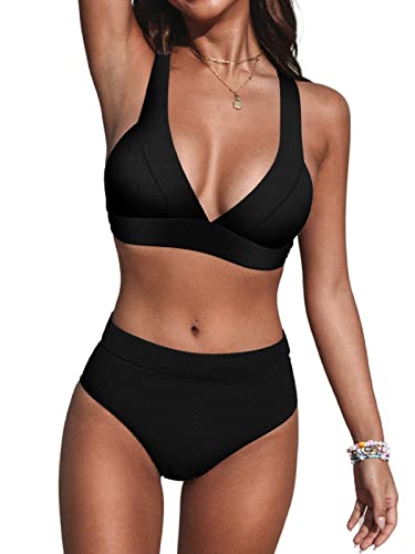 CUPSHE Damen Bikini Set V Ausschnitt High Waist Breite Träger Bademode Zweiteiliger Badeanzug Swimsuit Schwarz M von CUPSHE