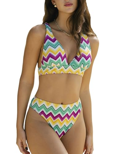 CUPSHE Damen Bikini Set V Ausschnitt High Waist Bikini Breite Träger Lace Up Wellenmuster Bademode Zweiteiliger Badeanzug Swimsuit Bunte/Wellenstreifen M von CUPSHE